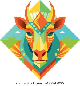 Front view of African mask shaped like a zebra head in geometric style with warm colors. Vector image