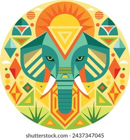 Front view of African mask shaped like an elephant head in geometric style with warm colors. Vector image