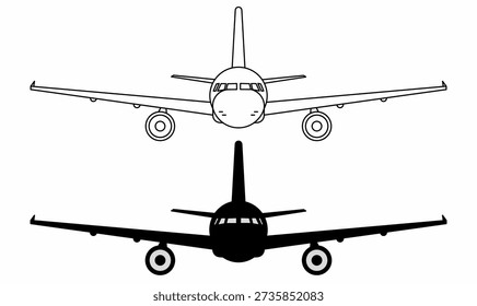 Front view airplane or aeroplane or plane icon set in outline and silhouette.vector illustration commercial jet aircraft. for logo, aviation design, transport symbol. isolated white background. 