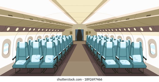 Front view of airplane interior design with aisle, reclining seats and portholes. Empty aircraft cabin of economy class. Inside modern plane. Colored flat vector illustration
