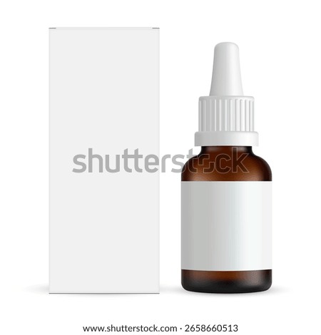 Front view of amber dropper bottle and blank white box. Perfect for showcasing essential oils, nasal drops, cosmetics, herbal remedies, or pharmaceutical packaging design