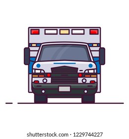 Front view of ambulance car with lights. Line style vector illustration. Vehicle and transport banner. Modern ambulance american car. First aid van with paramedics. Emergency vehicle.