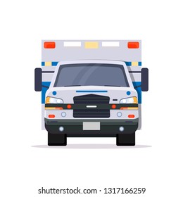 Front view of ambulance car with lights. Flat style vector illustration. Vehicle and transport banner. Modern ambulance american car. First aid van with paramedics. Emergency vehicle.