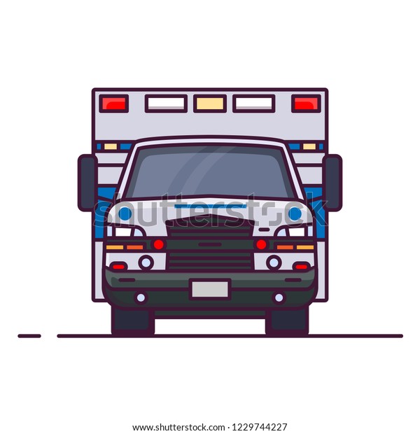 Front view of\
ambulance car with lights. Line style vector illustration. Vehicle\
and transport banner. Modern ambulance american car. First aid van\
with paramedics. Emergency\
vehicle.