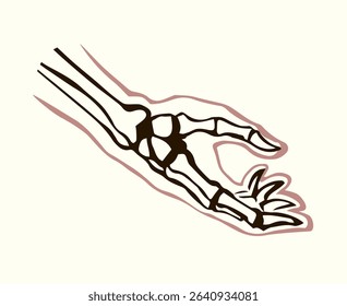 Front view ancient old woman sick palm part injury ache hospital surgery care therapy scan x ray film white logo. Black horror drawn healthy female injur medic man xray ill pain exam line sketch art