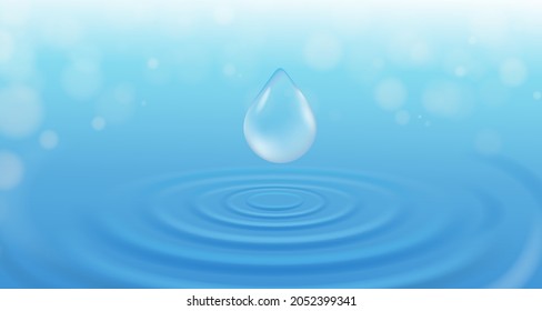 Front up view angle of water ripple from rain drop on blue paddle background with bokeh defocused light. Vector illustration