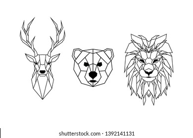 Front View Of Animal Head Triangular Icon Set, Geometric Trendy Line Design.