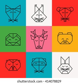 Front view animal heads. Animal origami heads. Vector origami. Low poly line design icon set. Vector origami animals for tattoo. Origami forest animals collection.