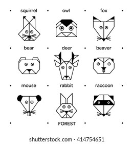 Front view animal heads. Animal origami heads. Vector origami. Low poly line design icon set. Vector origami animals for tattoo. Origami forest animals collection.