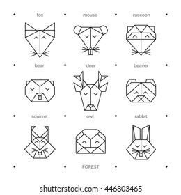 Front view animal heads. Animal origami heads. Vector origami. Low poly line design icon set. Vector origami animals for tattoo. Origami forest animals collection.
