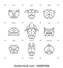 Front view animal heads. Animal origami heads. Vector origami. Low poly line design icon set. Vector origami animals for tattoo. Origami farm animals collection. 