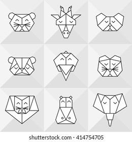Front view animal heads. Polygonal animals. Vector low poly animals. Low poly line design icon set. Vector low poly animals tattoo. Vector seamless animal pattern. Vector origami jungle animals.