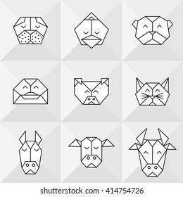 Front view animal heads. Polygonal animals. Vector low poly animals. Low poly line design icon set. Vector low poly animals tattoo. Vector seamless animal pattern. Vector origami farm animals. 