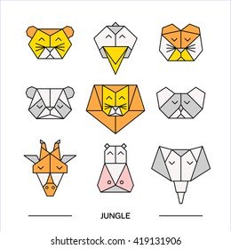 Front view animal heads. Animal polygonal heads. Vector low poly animals. Low poly line design icon set. Vector low poly animals for tattoo or coloring book. Low poly jungle animals collection. 