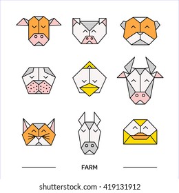 Front view animal heads. Animal polygonal heads. Vector low poly animals. Low poly line design icon set. Vector low poly animals for tattoo or coloring book. Low poly farm animals collection. 