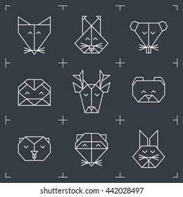 Front view animal heads. Animal triangle icons. Vector polygonal animals. Geometric line design icons. Vector polygonal animals for tattoo. Forest animals collection.