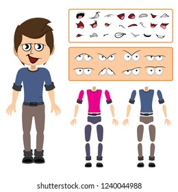Front view animated character. Boy character creation set with various body parts, face emotions, poses and gestures. Cartoon style, flat vector illustration