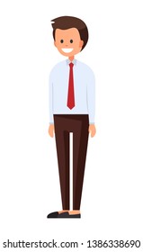 Front view animated character. Designer character. Cartoon style, flat vector illustration of smiling boy with short hair in official clothes with tie. Standing man.