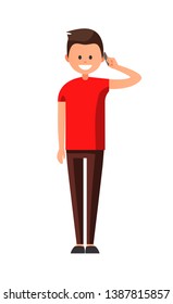 Front view animated character. Designer character. Cartoon style, flat vector illustration of smiling boy with short hair in casual clothes. Standing man with hand up. Man talking on the phone. 