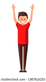 Front view animated character. Designer character. Cartoon style, flat vector illustration of smiling boy with short hair in casual clothes. Standing man with hands up. Greeting. Interactive. 