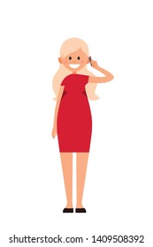 Front view animated character. Designer character. Cartoon style, flat vector illustration of smiling girl with long blonde hair in red dress. Standing woman with hand up. Woman talking on the phone