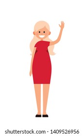 Front view animated character. Designer character. Cartoon style, flat vector illustration of smiling girl with long blonde hair in red dress. Standing woman with hand up. Greeting.