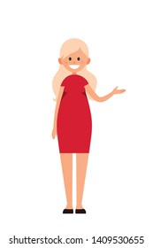 Front view animated character. Designer character. Cartoon style, flat vector illustration of smiling girl with long blonde hair in red dress. Standing woman with hand up. Choosing pose. Presentation