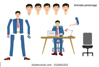 Front, view animated character. Manager character creation set with face,  emotions,  flat vector illustration.
