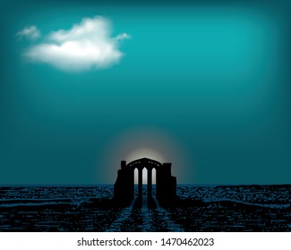 Front view of an antique greek temple. The ancient temple in the dar sea. Vector flat illustration.