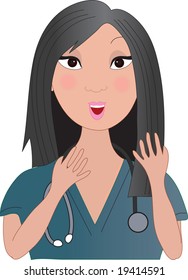 A front view of an Asian nurse talking with a stethoscope