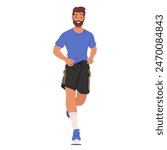 Front View Of Athletic Bearded Man Running front View. Male Character In Blue T-shirt And Black Shorts With Yellow Stripes, Captures The Essence Of Fitness, Health, And Everyday Athletic Activities