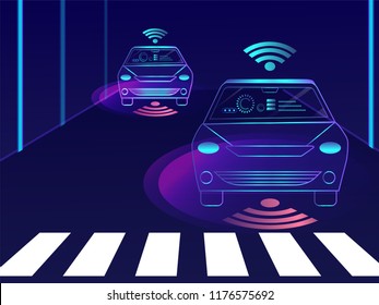 Front view of automated car with sensor technology on city landscape background.