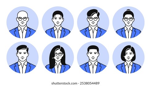 Avatares de vista frontal de empresaria y hombre de negocios con blazer azul, camisa blanca, gafas. Colección de retratos de equipo de Vector lineal