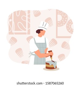 Front view of bakery with abstract background. Woman in bakery making cakes. Flat vector illustration.