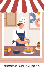 Front view of bakery window. Woman in bakery making cakes. Flat vector illustration.