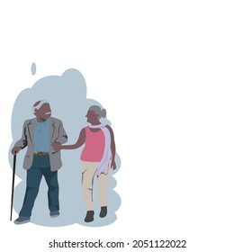 Front view of a bald old man no face in a suit He walked with his widowed wife wearing a pink tank top and long pants.Vector isolate flat design concept for love forevermore ,warm family or Valentine.