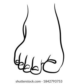 Front view of bare human foot. Black and white linear silhouette. 