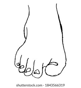 Front view of bare human foot. Hand drawn linear doodle ink sketch. Black silhouette on white background.