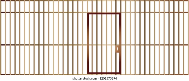 A front view of the bars of a jail cell with iron bars and a door on an isolated background vector eps 10