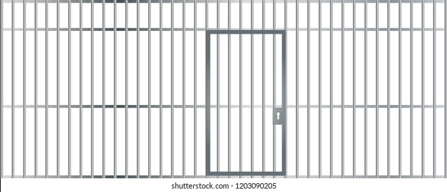 A front view of the bars of a jail cell with iron bars and a door on an isolated background vector eps 10