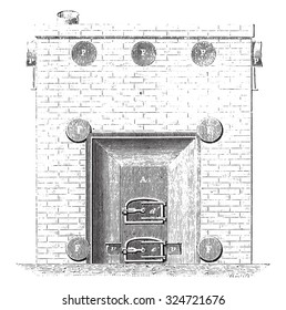 Front view of the basement furnace, vintage engraved illustration. Industrial encyclopedia E.-O. Lami - 1875.
