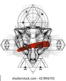 Front view of bear head doodle , geometric trendy line design. Vector illustration for tattoo or print.Abstract geometrical ethnic pattern.