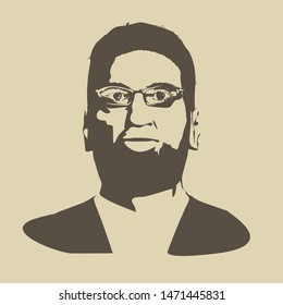 Front view of bearded african man wearing spectacles. Male face silhouette