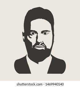 Front view of bearded man. Male face silhouette in contrast backlight