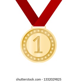 Front view of beautiful realistic first place golden medal hanging from a ribbon.