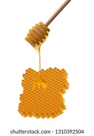 Front view of beautiful realistic wooden honey stick with honey flowing on a honeycomb.