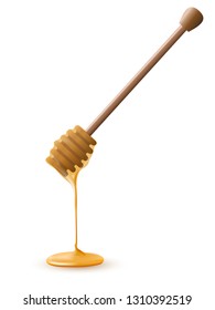 Front view of beautiful realistic wooden honey stick with flowing honey.