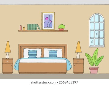 Front view bedroom graphic color home interior sketch illustration vector