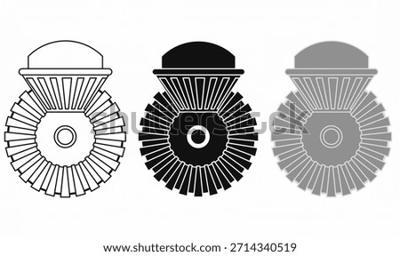 front view Bevel gear icon set in outline, silhouette and gray styles for mechanical, engineering and industry design use. vector illustration isolated white background