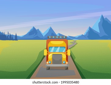 Front view of big truck driving down road through field. Vehicle on path, mountain range in background cartoon vector illustration. Traveling, transport, tourism, delivery, camping concept